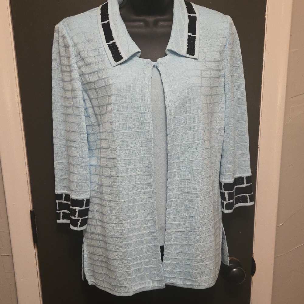 Ming Wang Light Blue Knit Cardigan with Black Details